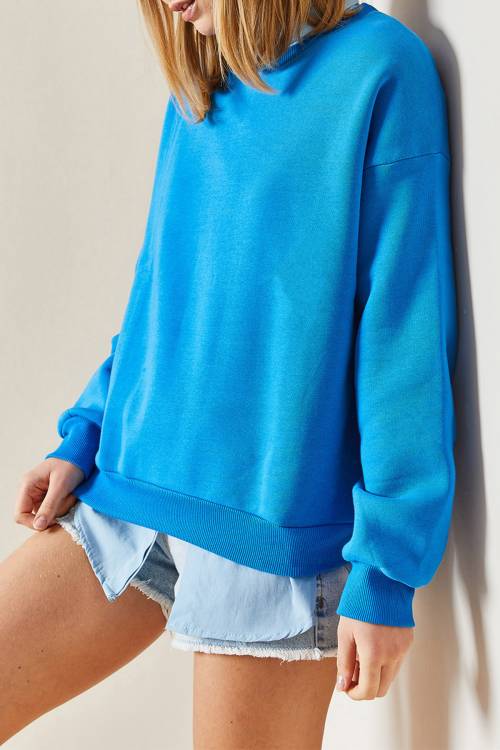 Turkuaz Bisiklet Yaka Şardonlu Oversize Sweatshirt 4KXK8-47743-13 - 1