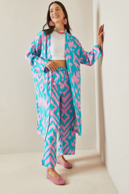 Turkuaz Desenli Kimono Takım 5YXK8-48668-13 - 2