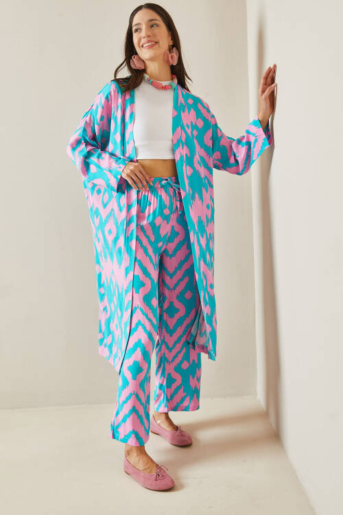 Turkuaz Desenli Kimono Takım 5YXK8-48668-13 - 2