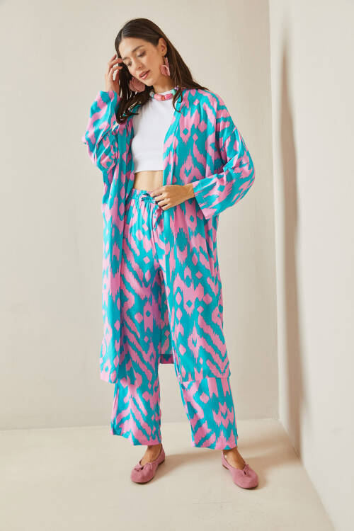 Turkuaz Desenli Kimono Takım 5YXK8-48668-13 - 6