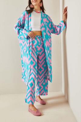 Turkuaz Desenli Kimono Takım 5YXK8-48668-13 - XHAN