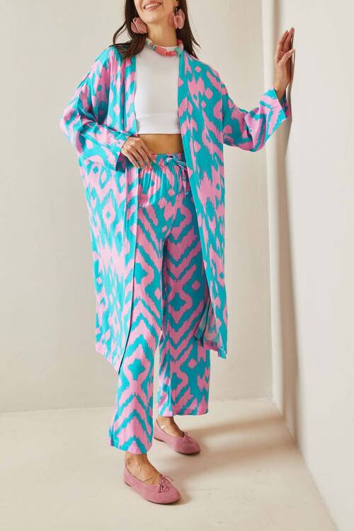 Turkuaz Desenli Kimono Takım 5YXK8-48668-13 - 1