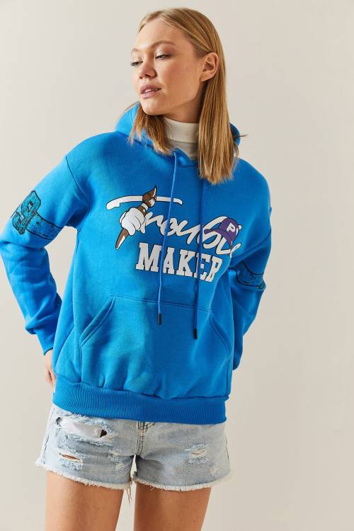 Turkuaz Şardonlu & Arkası Baskılı Kapüşonlü Sweatshirt 4KXK8-47835-13 - 4