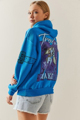 Turkuaz Şardonlu & Arkası Baskılı Kapüşonlü Sweatshirt 4KXK8-47835-13 - 5