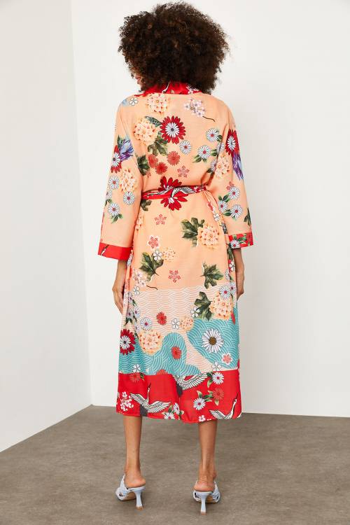 Turuncu Beli Bağlamalı Uzun Kimono 1YXK4-45184-11 - 8