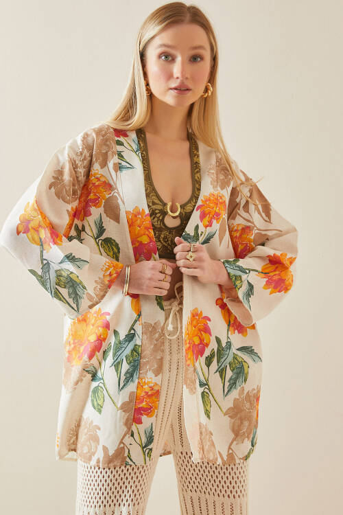 Turuncu Çiçek Desenli Oversize Kimono 5YXK4-48061-11 - 2