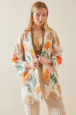 Turuncu Çiçek Desenli Oversize Kimono 5YXK4-48061-11 - 5