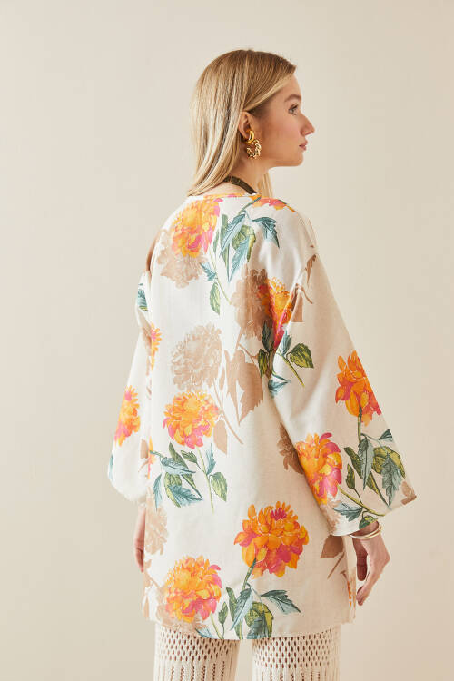 Turuncu Çiçek Desenli Oversize Kimono 5YXK4-48061-11 - 7
