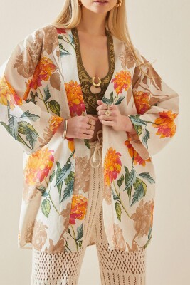 Turuncu Çiçek Desenli Oversize Kimono 5YXK4-48061-11 - XHAN