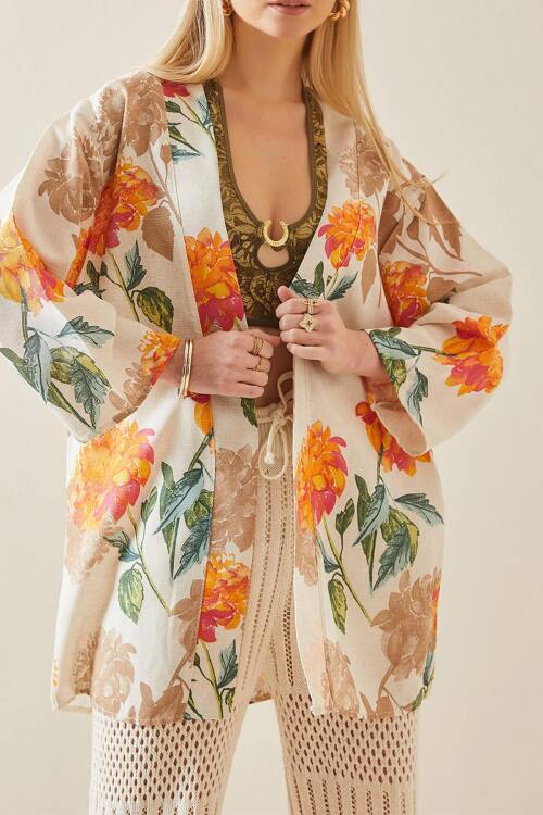 Turuncu Çiçek Desenli Oversize Kimono 5YXK4-48061-11 - 1