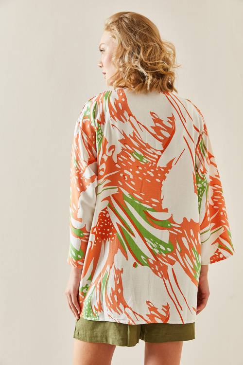 Turuncu Desenli Oversize Keten Kimono 3YXK4-47501-11 - 7