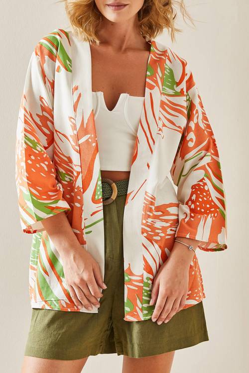 Turuncu Desenli Oversize Keten Kimono 3YXK4-47501-11 - 1