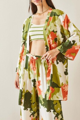 Yeşil Batik Desenli Kimono 5YXK4-48830-08 - XHAN