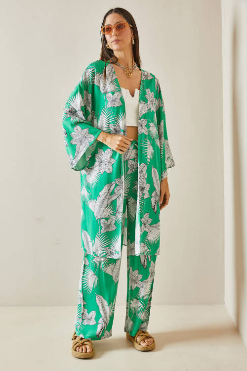 Yeşil Çiçek Desenli Kimono Takım 5YXK8-48600-08 - 2