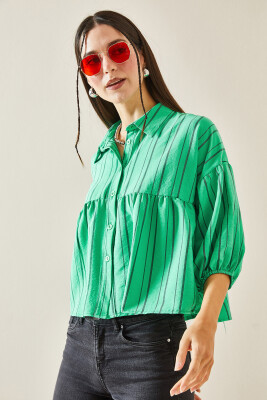 Yeşil Çizgili Balon Kol Crop Gömlek 5YXK2-48403-08 - 3