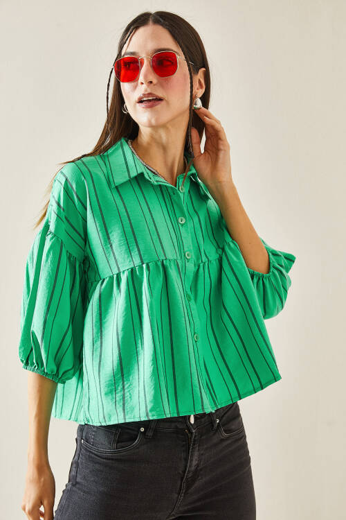 Yeşil Çizgili Balon Kol Crop Gömlek 5YXK2-48403-08 - 4