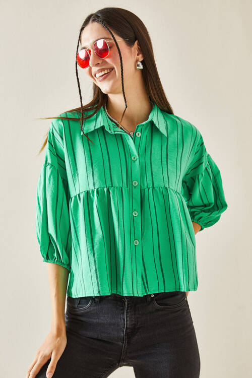 Yeşil Çizgili Balon Kol Crop Gömlek 5YXK2-48403-08 - 5