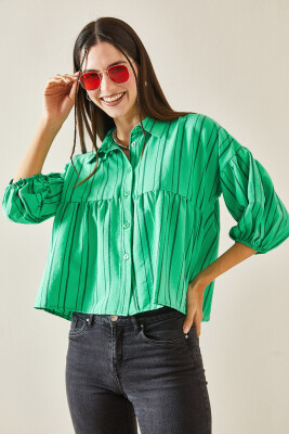 Yeşil Çizgili Balon Kol Crop Gömlek 5YXK2-48403-08 - 6