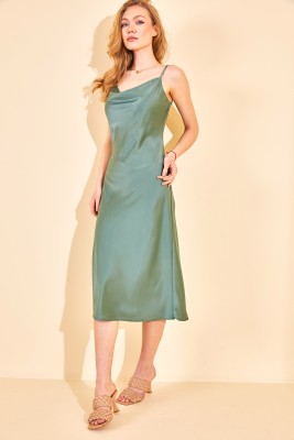 Yeşil Degaje Yaka Saten Elbise 2YXK6-46154-08 - 4