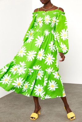 Yeşil Desenli Askılı Straplez Elbise 2KXK6-45688-08 - 1