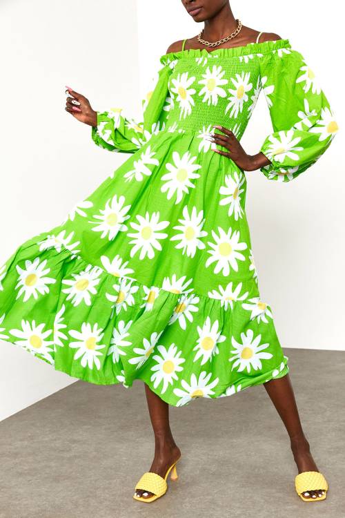 Yeşil Desenli Askılı Straplez Elbise 2KXK6-45688-08 - 2