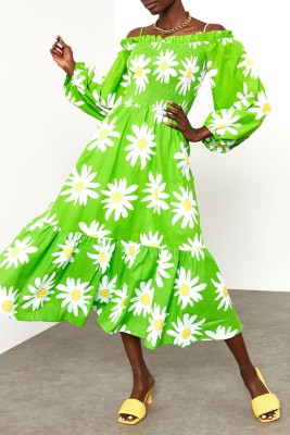 Yeşil Desenli Askılı Straplez Elbise 2KXK6-45688-08 - 3