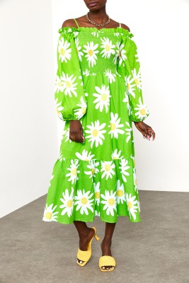Yeşil Desenli Askılı Straplez Elbise 2KXK6-45688-08 - 4