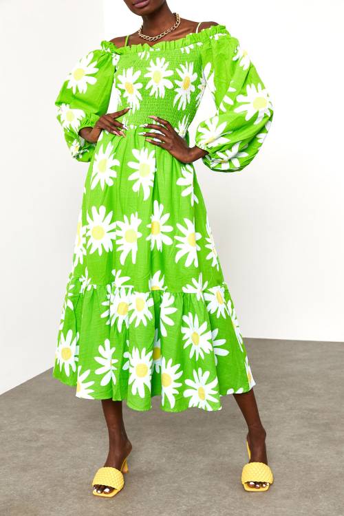 Yeşil Desenli Askılı Straplez Elbise 2KXK6-45688-08 - 5