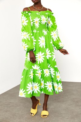 Yeşil Desenli Askılı Straplez Elbise 2KXK6-45688-08 - 6