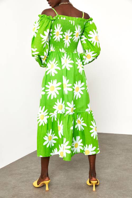 Yeşil Desenli Askılı Straplez Elbise 2KXK6-45688-08 - 7