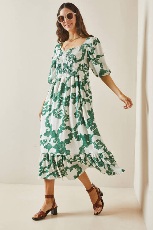 Yeşil Desenli Gipe Detaylı Etek Ucu Fırfırlı Örme Elbise 5YXK6-48509-08 - 2