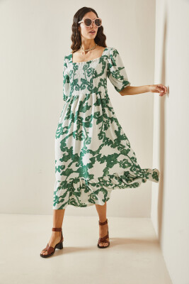 Yeşil Desenli Gipe Detaylı Etek Ucu Fırfırlı Örme Elbise 5YXK6-48509-08 - 3