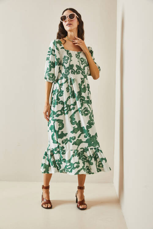 Yeşil Desenli Gipe Detaylı Etek Ucu Fırfırlı Örme Elbise 5YXK6-48509-08 - 5