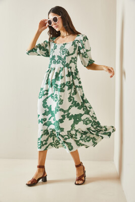 Yeşil Desenli Gipe Detaylı Etek Ucu Fırfırlı Örme Elbise 5YXK6-48509-08 - 6