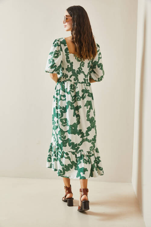 Yeşil Desenli Gipe Detaylı Etek Ucu Fırfırlı Örme Elbise 5YXK6-48509-08 - 7