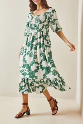 Yeşil Desenli Gipe Detaylı Etek Ucu Fırfırlı Örme Elbise 5YXK6-48509-08 - XHAN