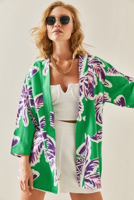 Yeşil Desenli Oversize Keten Kimono 3YXK4-47503-08 - 4