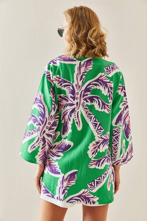 Yeşil Desenli Oversize Keten Kimono 3YXK4-47503-08 - 5