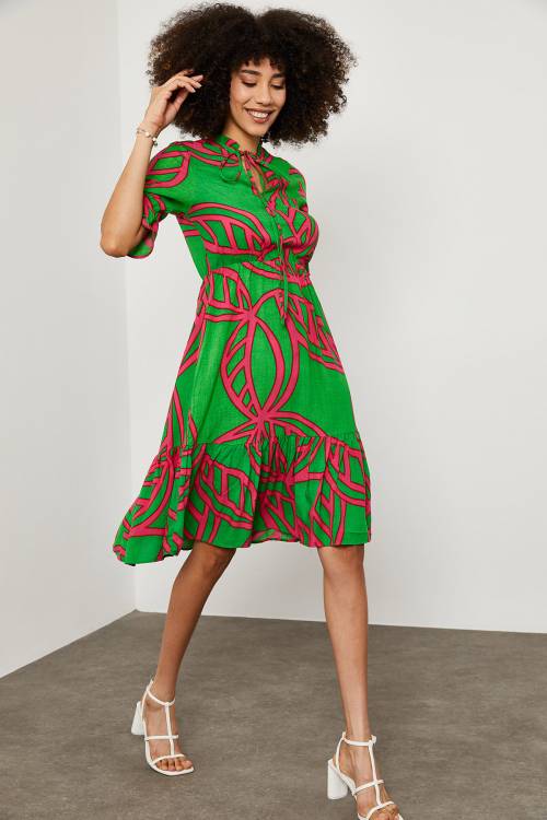 Yeşil Desenli Yakası Bağlamalı Elbise 1YXK6-45130-08 - 1