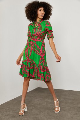 Yeşil Desenli Yakası Bağlamalı Elbise 1YXK6-45130-08 - 5