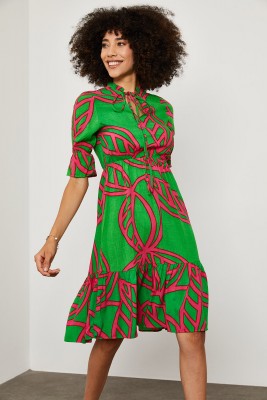 Yeşil Desenli Yakası Bağlamalı Elbise 1YXK6-45130-08 - 6