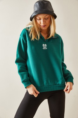 Yeşil Dik Yaka Fermuarlı & Şardonlu Sweatshirt 4KXK8-47859-08 - 5