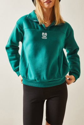 Yeşil Dik Yaka Fermuarlı & Şardonlu Sweatshirt 4KXK8-47859-08 - XHAN