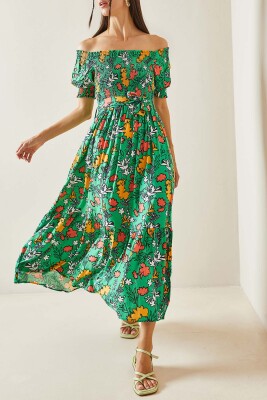 Yeşil Gipe & Desenli Kayık Yaka Elbise 5YXK6-48858-08 - XHAN