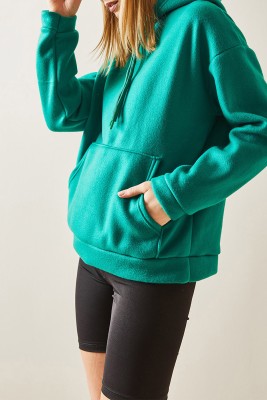 Yeşil Kanguru Cepli & Kapüşonlu Polar Sweatshirt 4KXK8-47857-08 - XHAN