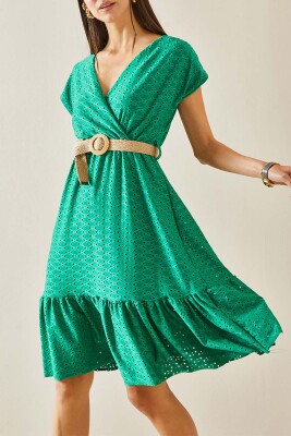 Yeşil Kruvaze Yaka Fisto Kemerli Elbise 5YXK6-48331-08 