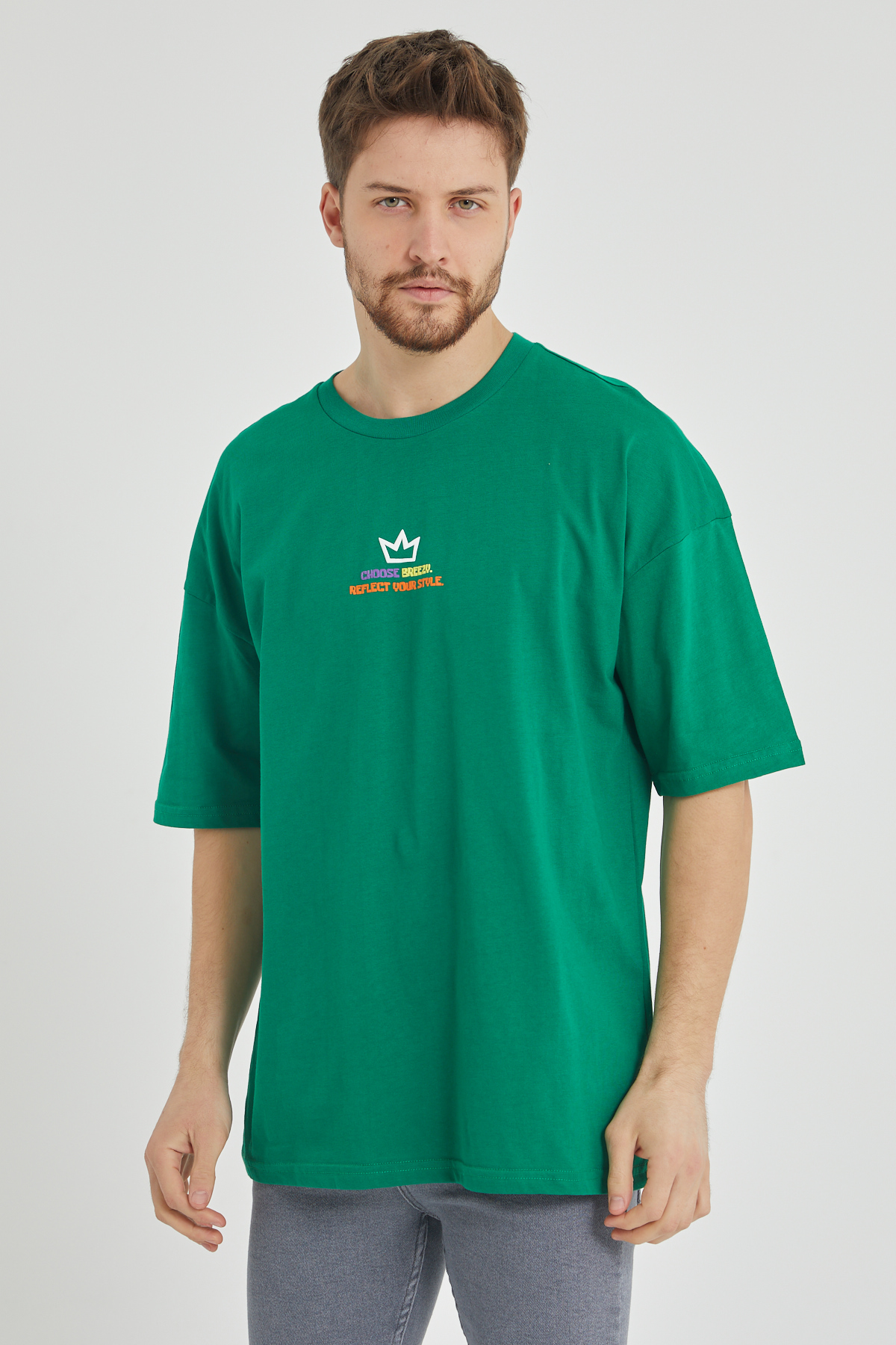 Yeşil Önür & Arkası Baskılı Oversize Tişört 1KXE1-44650-08 - 2