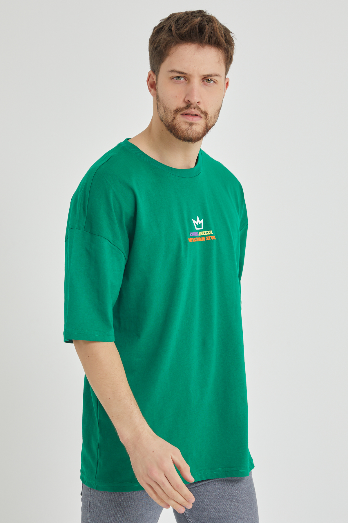 Yeşil Önür & Arkası Baskılı Oversize Tişört 1KXE1-44650-08 - 3