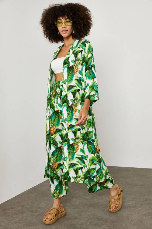Yeşil Tropik Desen Kimono Takım 1YXK2-45151-08 - 2