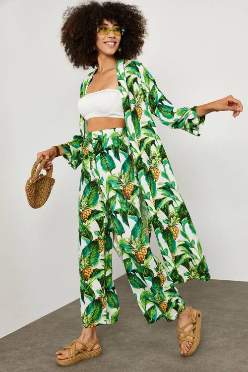Yeşil Tropik Desen Kimono Takım 1YXK2-45151-08 - 3